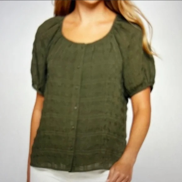 Les Serein Tops - Les Serein Olive Short Sleeve Blouson Textured Blouse Size XS